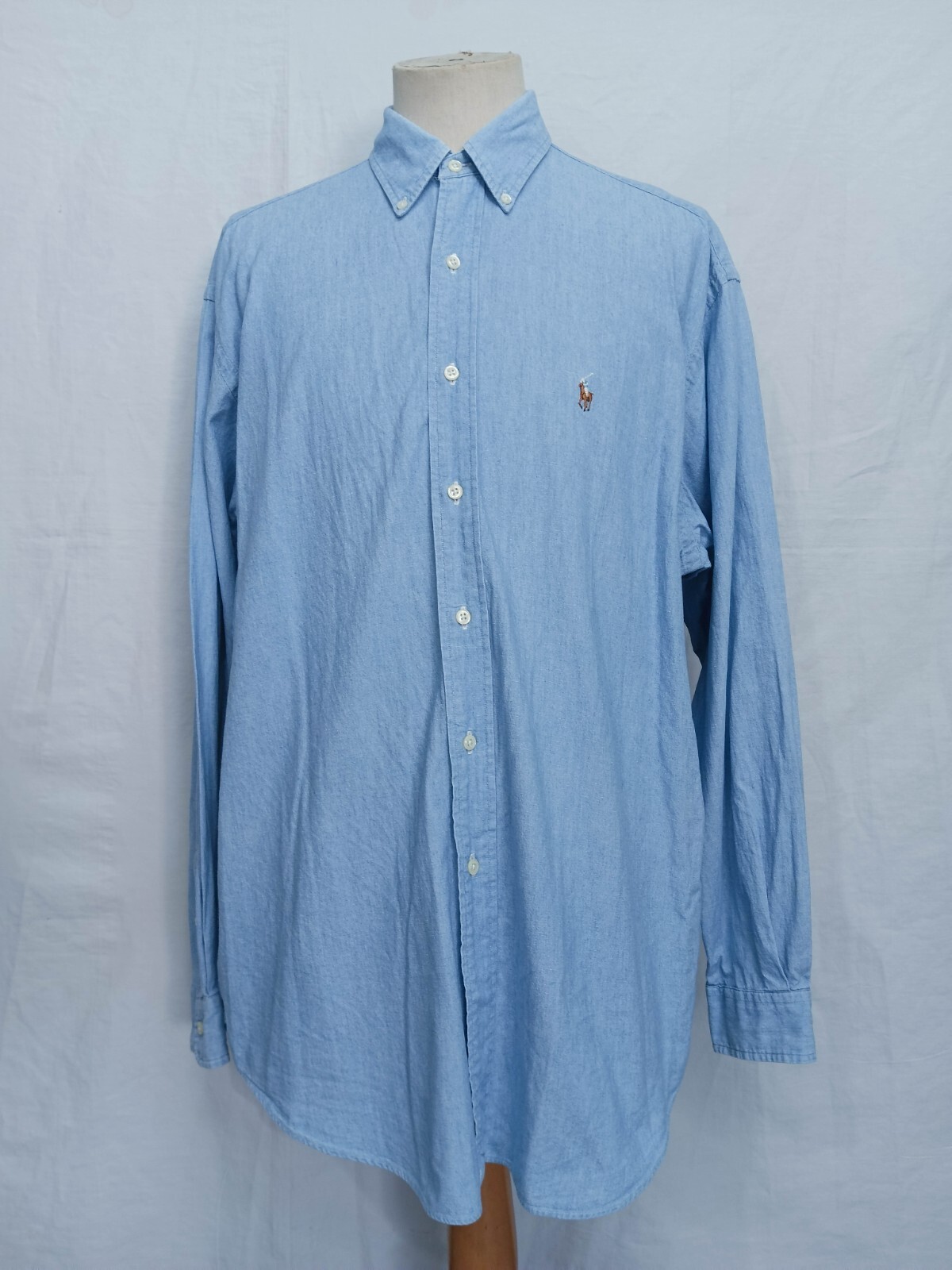Polo vintage Ralph Lauren camicia Chambray cielo blu cotone pony uomo casual L
