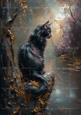 BLACK CAT FOREST ART PRINT, Gothic Dark Wall Decor, Fantasy Kitty Lake Poster