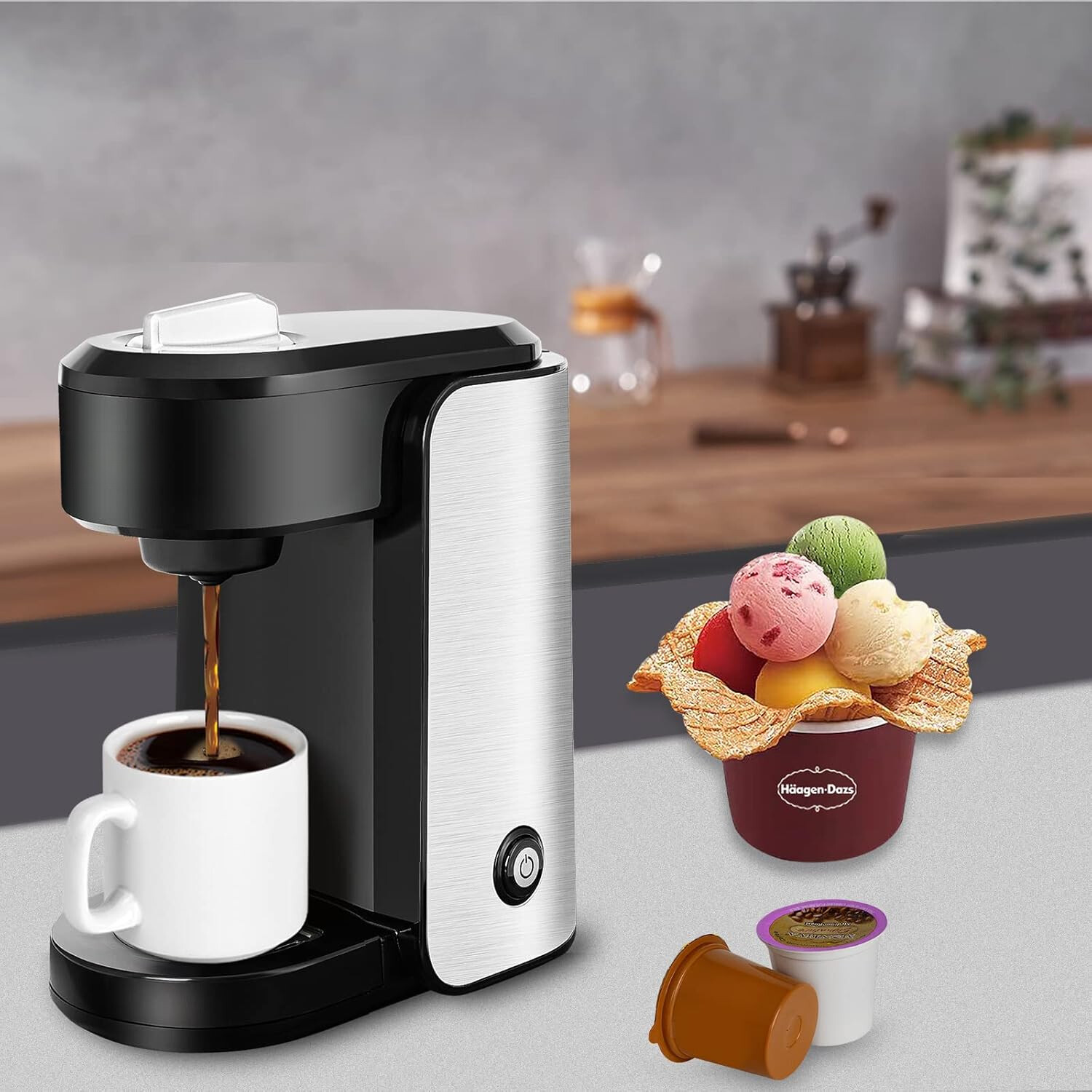 Single-cup coffee maker, 1000 W stainless steel, with graduated water tank