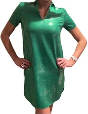 Halston Heritage Green Sequin Swiftie Mini Shirt Dress Short Sleeve Collared M