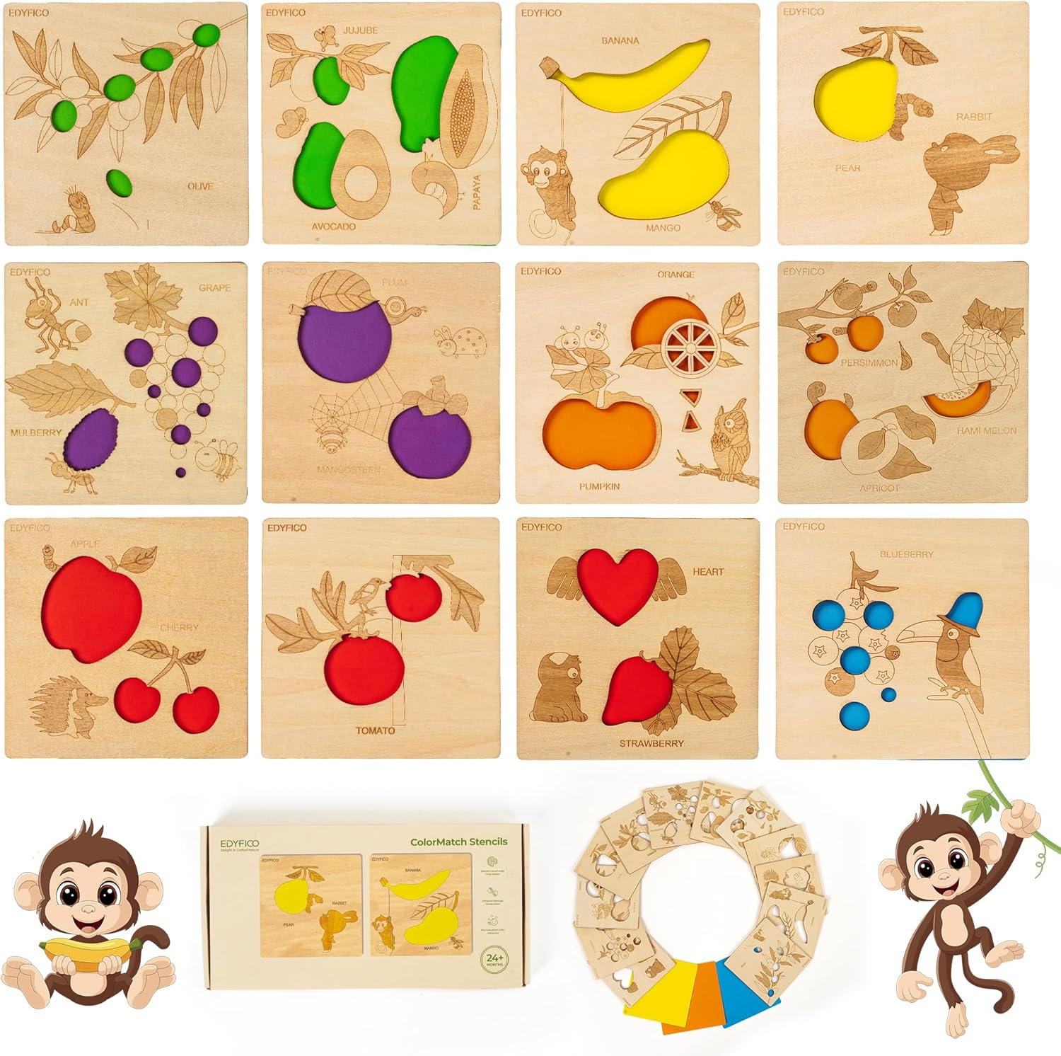 Montessori Toys for 2 Year Old, 12-In-1 Wooden Shape Color Sorter Fruit-Theme Le