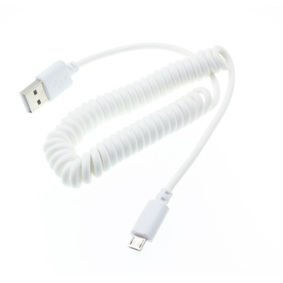 Coiled USB Cable MicroUSB Charger Cord Power Wire Sync White for Smartphones