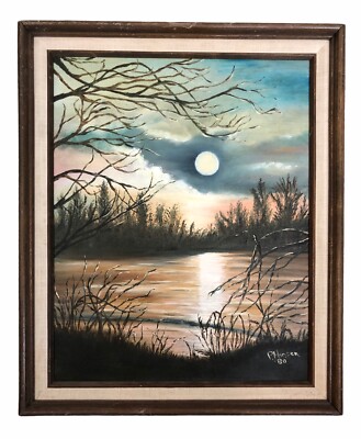 Vintage Landscape Mood Painting Full Moon Over Water Clouds Original Canvas Art