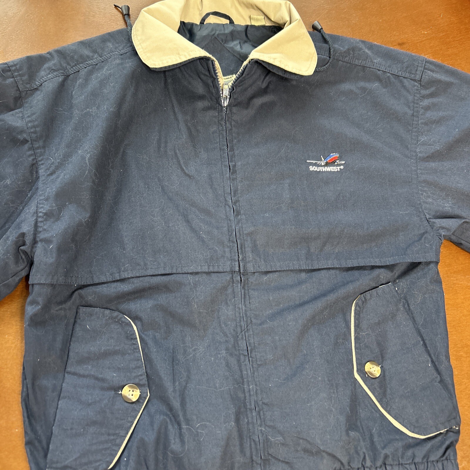 Southwest Airlines Blue & Tan XS Windbreak Jacket Coat Embroidered Logo Cintas