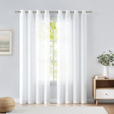 Off White Faux Linen Textured Sheer Window Curtains, Heavy Weight Semi Voile Dr