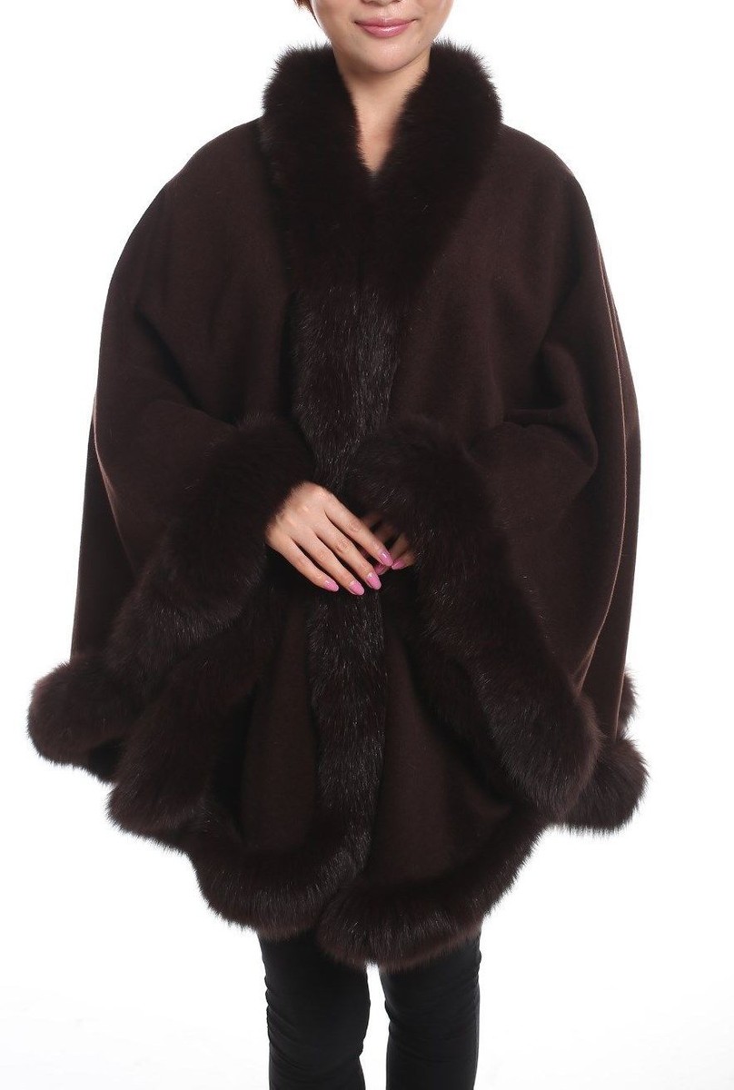 Black Cashmere cape with Fox fur Collar Trim all around one Black Cashmere cape with Fox fur Collar Trim all around one