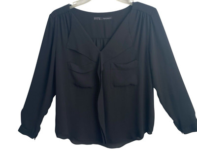 ZARA Basic Black Long Sleeve Women's Medium Blouse V Neck Collar Sheer Pullover
