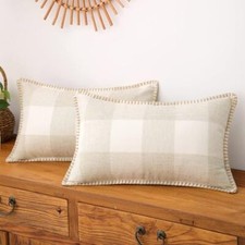 Fall Buffalo Plaid Check Throw Pillow Covers 12 x 20-Inch Cream and White
