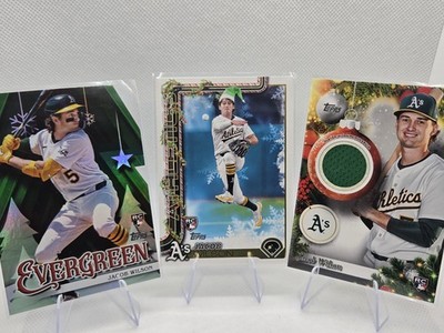 2025 Topps Holiday Jacob Wilson H4 Santa Hat SP, Relic PR-JW & Evergreen E-7 A's