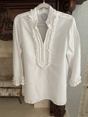 CHICO'S Linen-Blend Pom-Pom Detail on Placket/Cuffs Tunic 2/L White