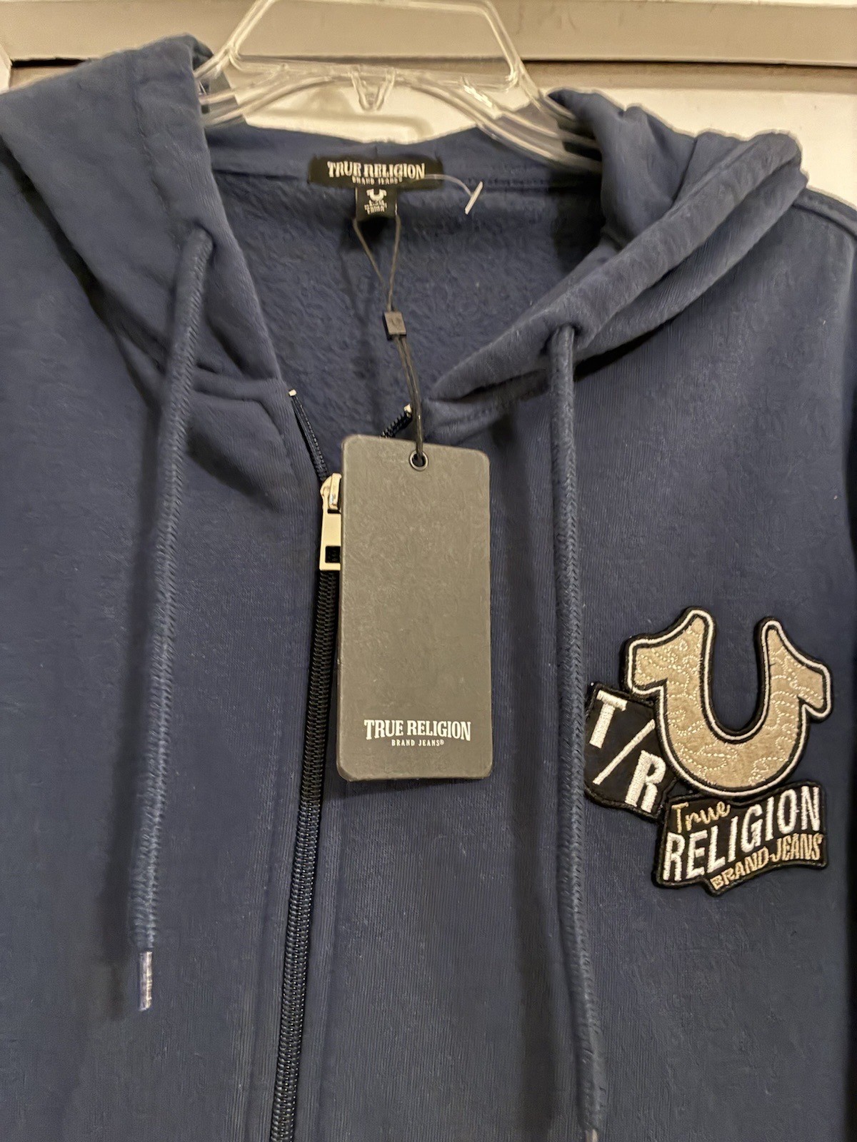 True Religion Jeans Men's Size Large Full Zip EMB Patch Fleece Dress Blue Hoodie