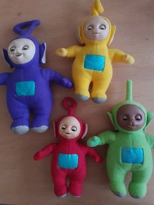 Vintage Teletubbies Komplettsatz 4 Plüschtiere Open Close Eyes Golden Bear 1996 