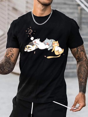 Cute Cats Napping Print Tee Shirt, Tee For Men, Casual Short Sleeve T-shirt For