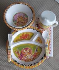 MacKenzie-Childs Toddler Owl Dinnerware Divided Plate, Sippy Cup, Bowl, Cutlery