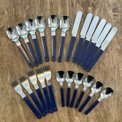 Set 23 VTG 1970s Anacapa Stainless Blue Melamine Handle Picnic Flatware Japan