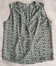 CAbi Tweet Tank Top sz Medium Bird Print Faux Wrap Sleeveless Blouse Style 342
