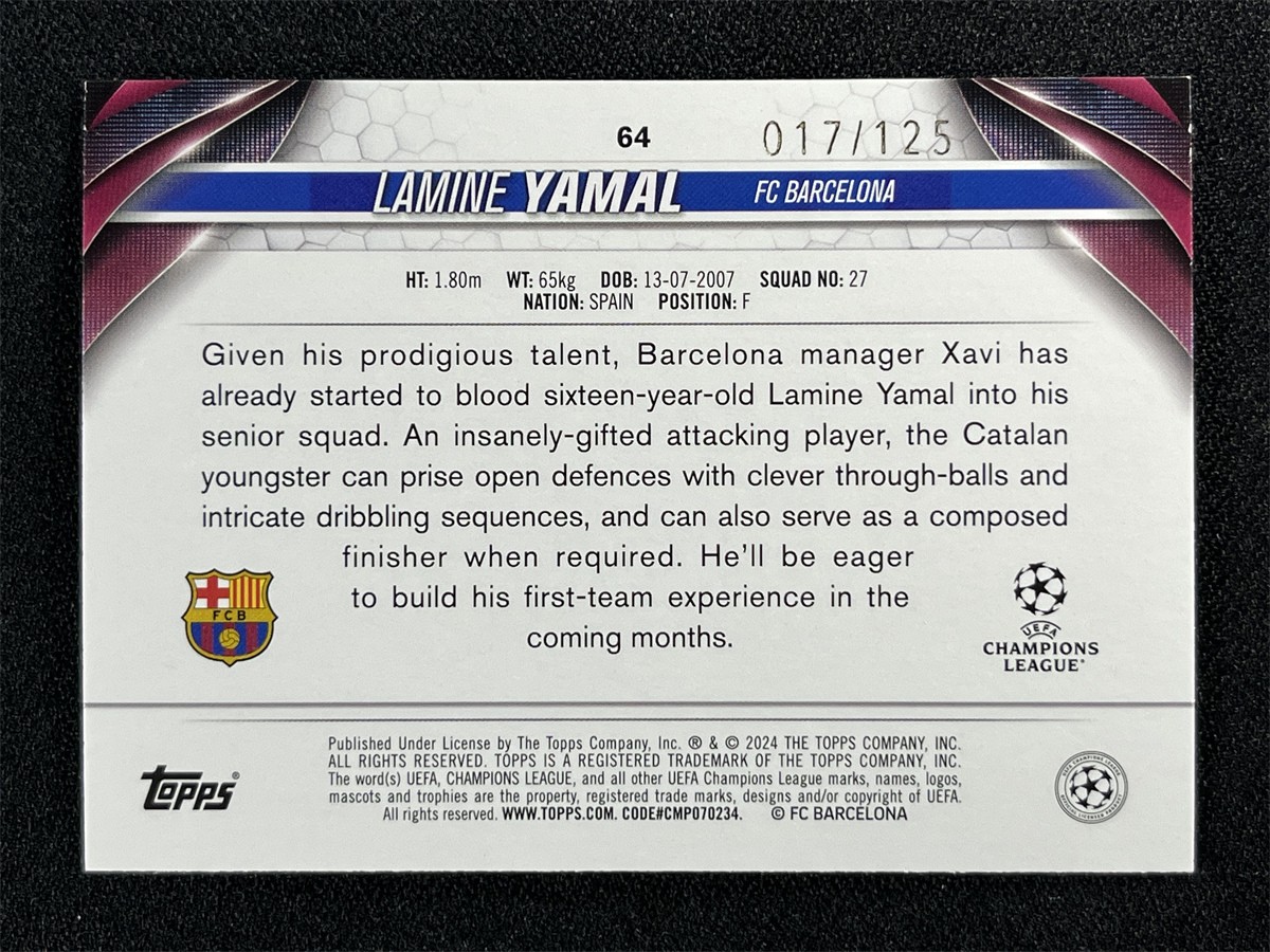 2023-24 Topps UEFA Lamine Yamal #64 Blue Inferno Foil RC Rookie Barcelona /125 view 2