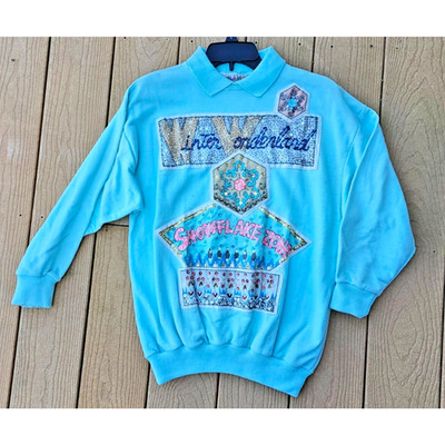 New A'MILANO 3/4 Sleeve Sequined Shirt Bling Gaudy 80's Winter Wonderland M Ugly