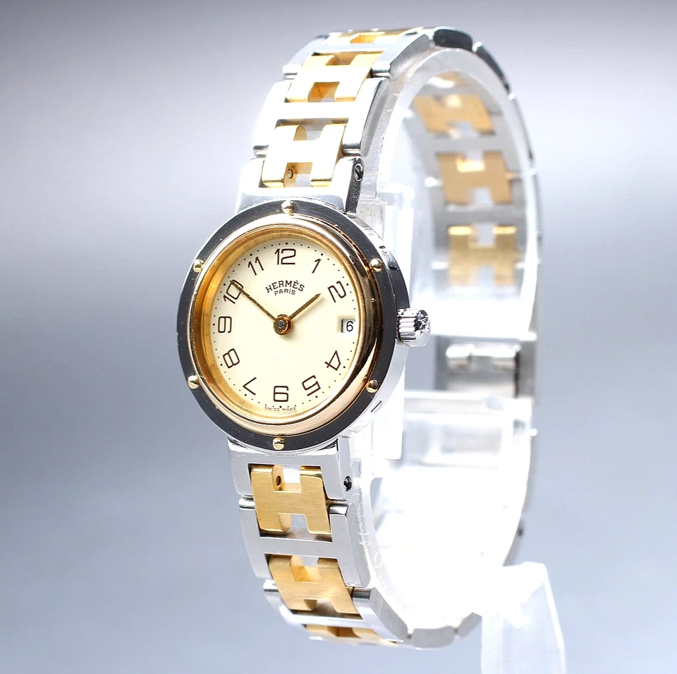 Juego completo [casi como nuevo] Reloj para mujer vintage HERMES Clipper 24 mm marfil fecha cuarzo Foto 3 de 4