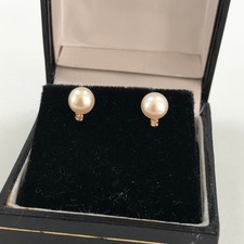 GTR 14ct Gold, Pearl & Clear Diamond Stud Earrings - 1.14g
