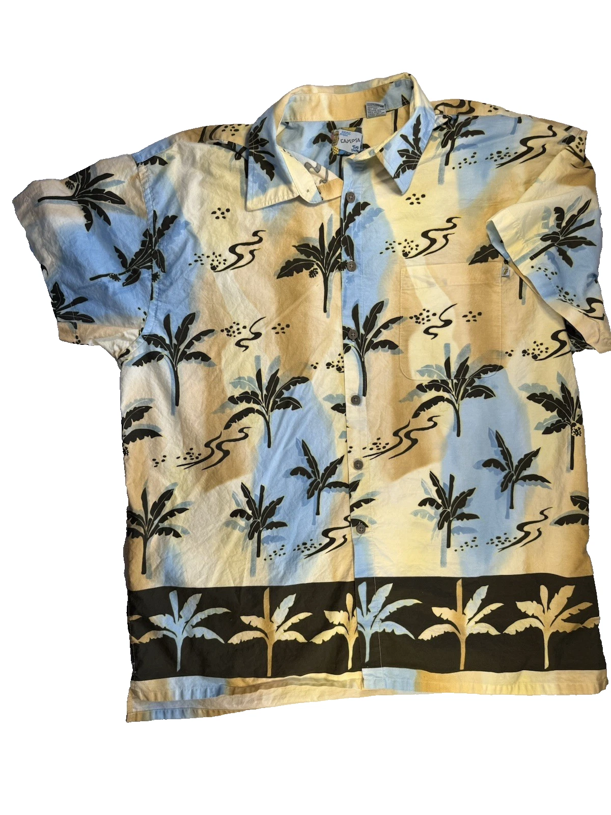 Campta Yellow blue palm trees mens Hawaiian SS Shirt XL beach party casual EUC