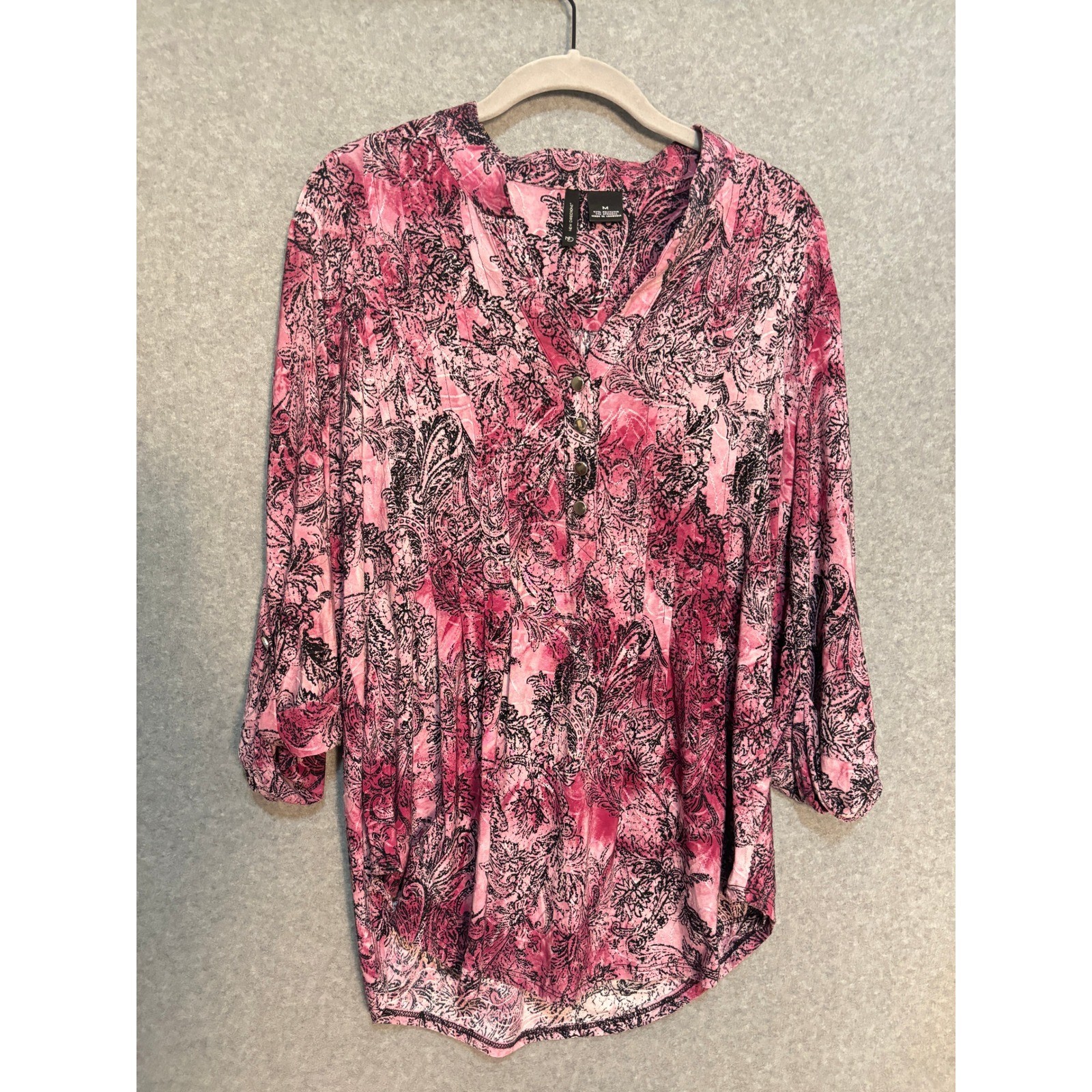 New Directions Pink Paisley Blouse Women's Medium Stretch 3/4 Sleeve Top
