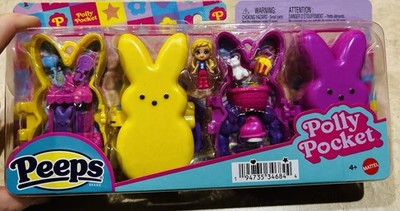Polly Pocket × PEEPS Doll & 2 Playsets Compact Travel Toy with Keychain Clip
