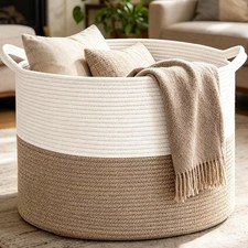 Large Woven Blanket Basket,65L Cotton Rope Laundry Basket Hamper with Handles,