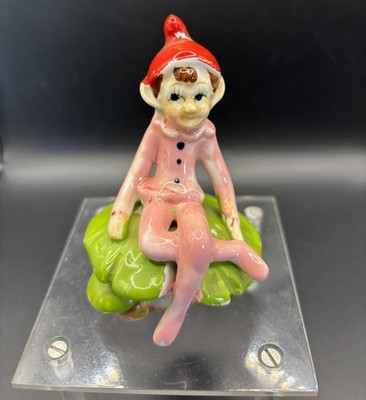MIDCENTURY PINK AND RED PORCELAIN PIXIE ELF ON MUSHROOM KITSCH JAPAN