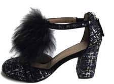 Bettye mueller Tweed Black Heels with Fur Pom-Pom Accent