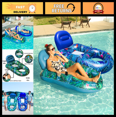 Large Inflatable Pool Float Chairs 2 Pack - 65'' Lounger with Cup Holder & Backre