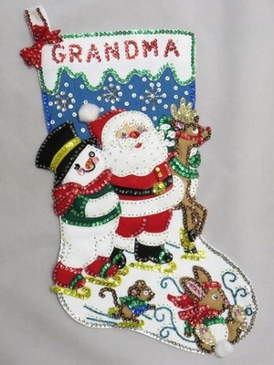 Bucilla Christmas ICE SKATING Finished SANTA SNOWMAN Felt Sequin STOCKING #84384