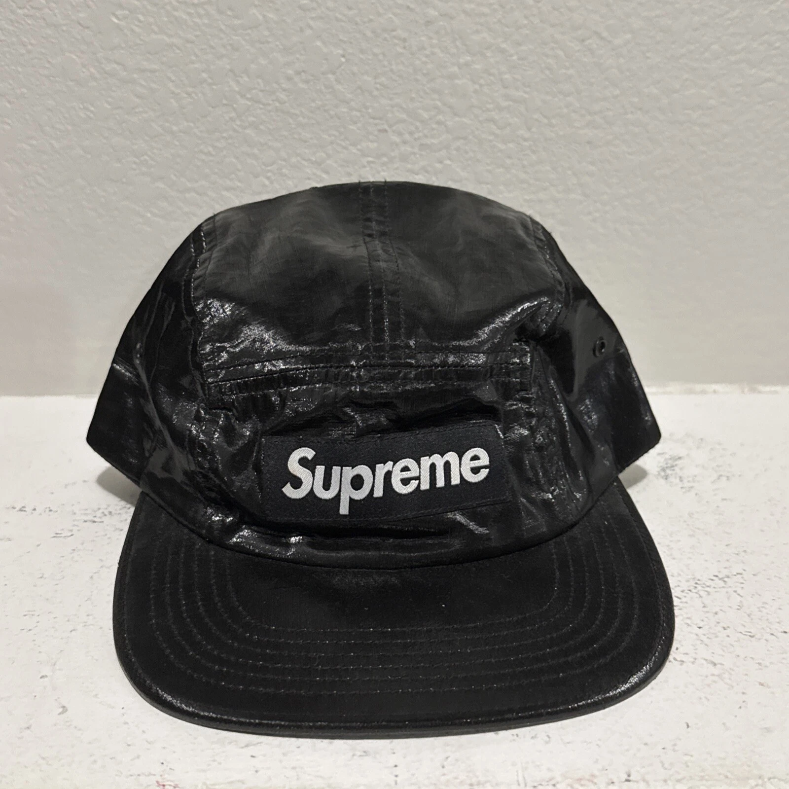 Casquette de camp en lin enduit SS18 Supreme New York 5 panneaux logo boîte noire