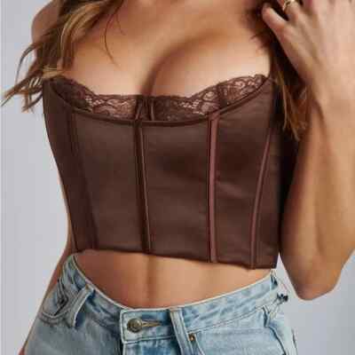 Meshki Lake Lace Crop Cami lace straps adjustable bustier corset brown med bra