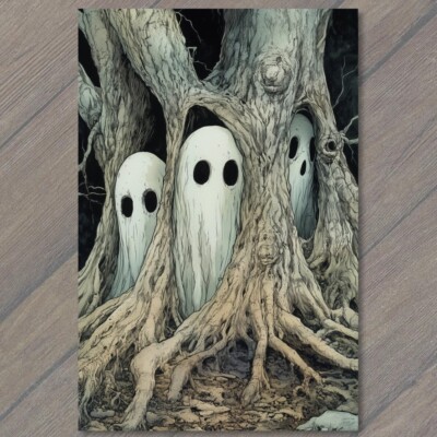 POSTCARD Halloween Creepy Ghostly Faces Emerging Twisted Roots Dark Horror Style