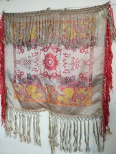 vintage Taj Mahal type silk satin piano fringes shawl scarf WWII brocade woven