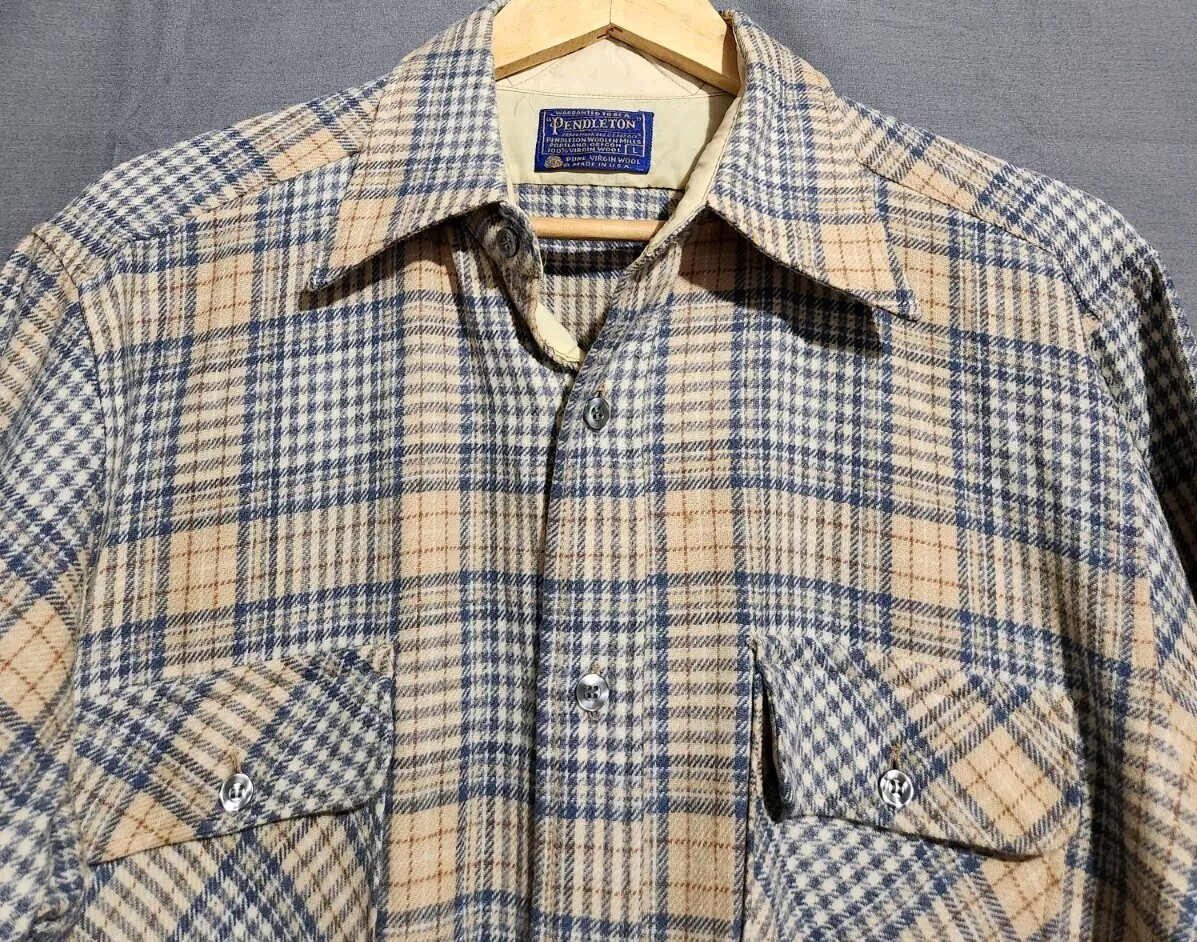 Pendleton Shirt Mens L Vintage 100% Wool Houndstooth Plaid Flannel USA Made