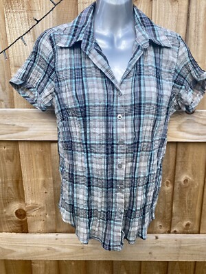 Fab blue and grey checked size 38 crinkle look MultiBlu short sleeve blouse 