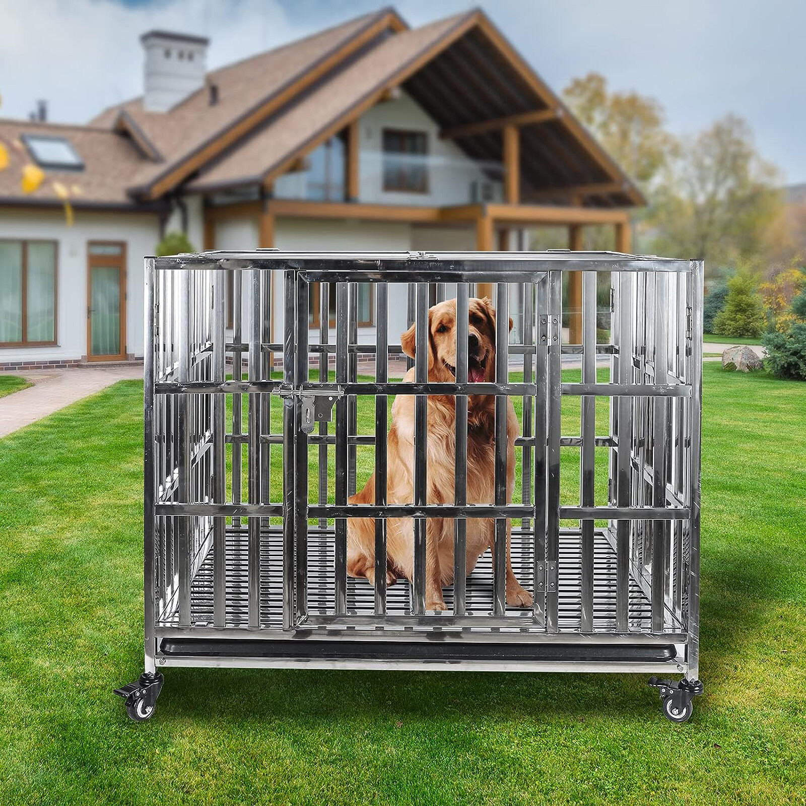 37" Heavy Duty Dog Cage Strong Metal Crate Kennel Playpen w/ Wheels