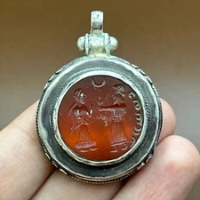 Very Rare Ancient Near Eastern King And Queen Intaglio Agate Silver Pendent