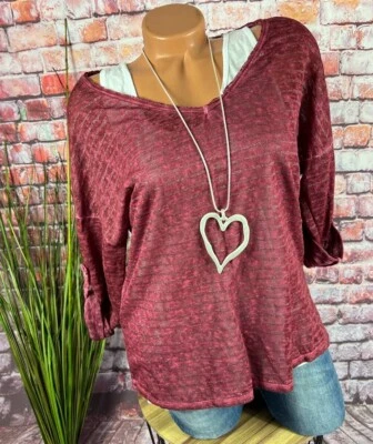 2Tlg  SET Shirt + Top Italy gestreift Vintage Look BORDEAUX 36 38 - Bild 1 von 4