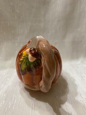 VTG THANKSGIVING FALL PUMPKIN GRAVY BOAT W TWISTED STEM HANDLE