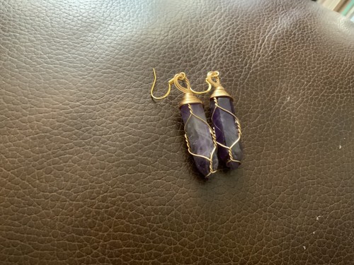 Chico’s Gold Amethyst Earrings CZ Wire Crystal Wrap Natural Healing Dangle Boho - Picture 4 of 4