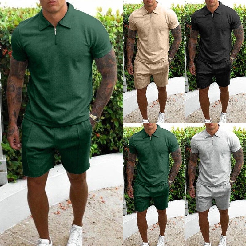 2PCS Mens Summer Short Sleeve Collar Shirt+Shorts Plain sport travel  clothes set