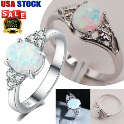 Fashion 925 Silver White Fire Opal Ring Women Wedding Proposal Jewelry Size 6-9