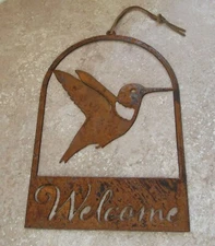 Rustic Metal Hummingbird Welcome Sign w Leather Tie on Top -NWOT
