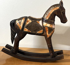 12" PIER 1 Hand-carved Wooden Rocking Horse STONE INLAY Steel Pier ONE