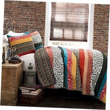 Boho Stripe Reversible Cotton Quilt 3-Piece Full/Queen Turquoise  Tangerine