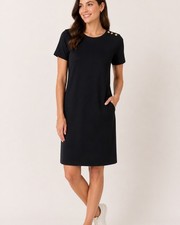 Talbots T-shirt Dress SzL Black Black Knit Knee Length Gold Buttons Minimalist