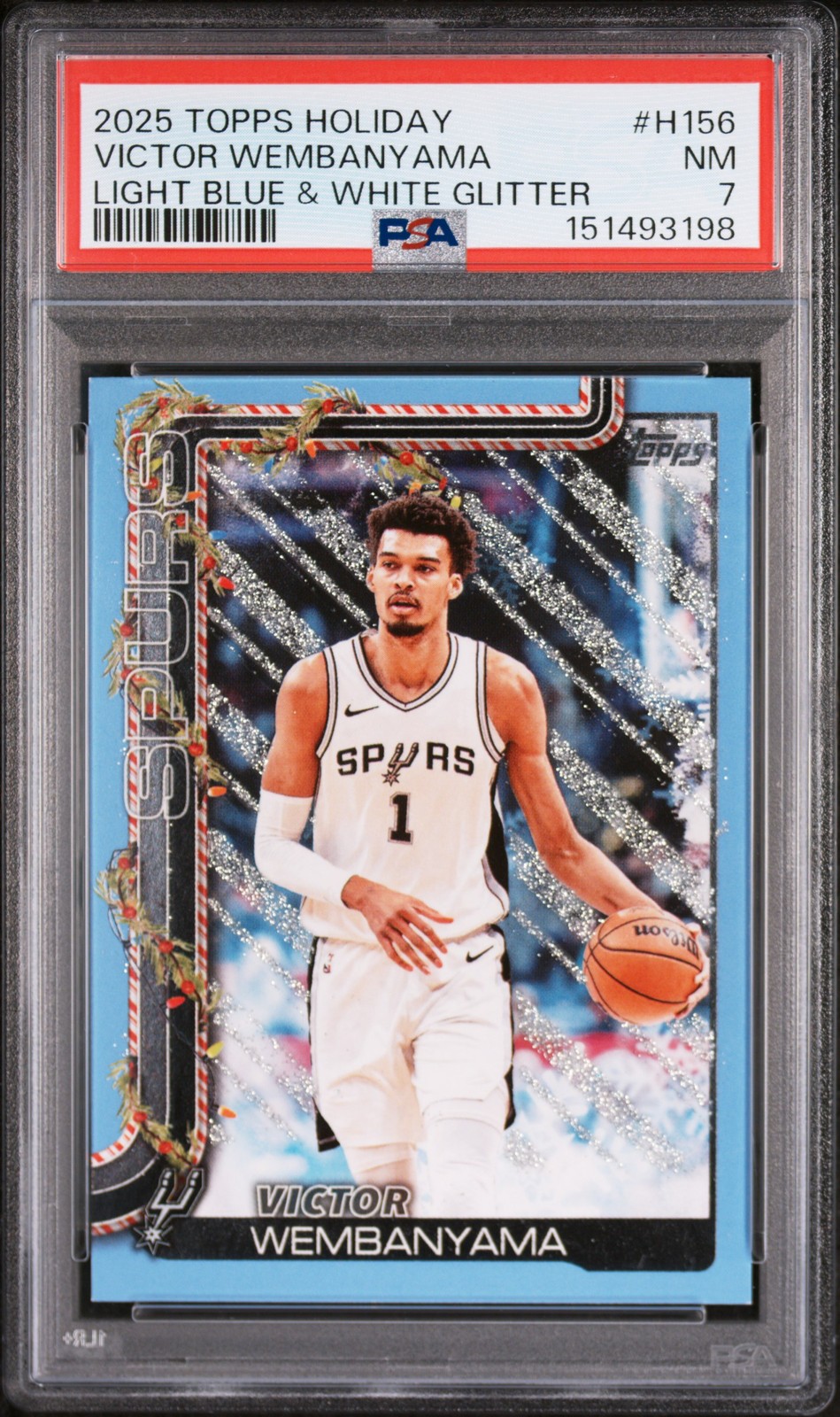 2025 TOPPS HOLIDAY LIGHT BLUE & WHITE GLITTER #H156 VICTOR WEMBANYAMA PSA 7 view 1